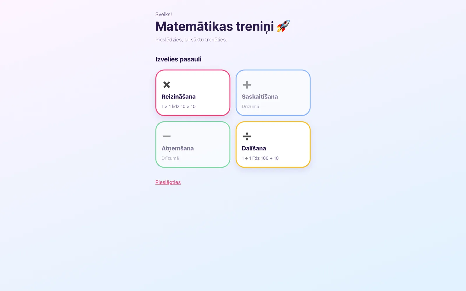 Matemātikas treniņi website on a desktop screen